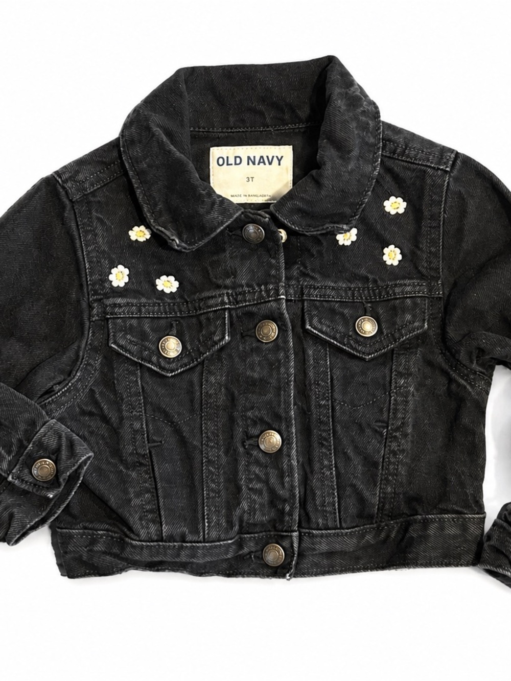 Old Navy Girls 3T Black Denim Jacket Embroidered Daisy Flowers